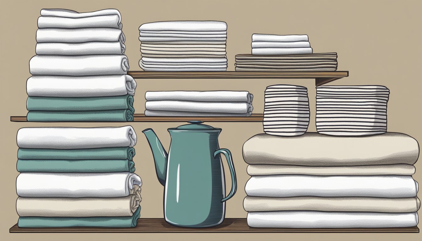 Kitchen linens neatly folded and sorted into separate piles, with dish towels, pot holders, and napkins each in their designated categories