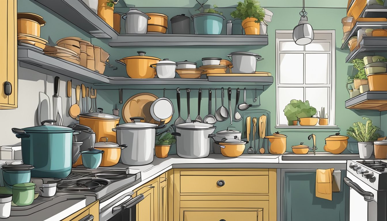 A cluttered kitchen with limited storage. Shelves overflowing, pots and pans stacked haphazardly. A small budget limits options for organization