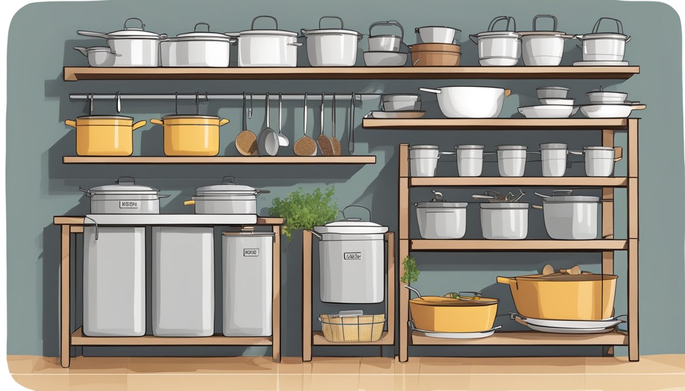 A small kitchen with labeled storage bins, hanging racks for pots and pans, and a DIY spice rack made from repurposed materials