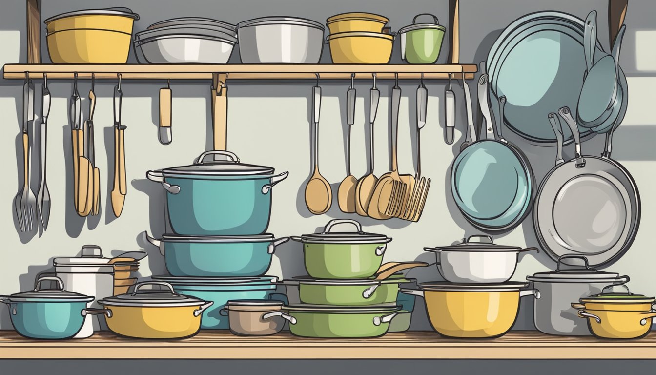 A clutter-free kitchen with labeled containers, hanging utensils, and neatly stacked cookware