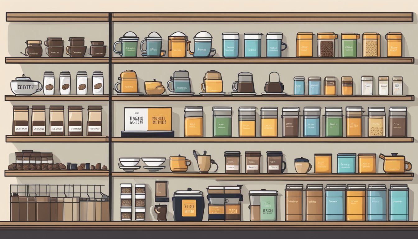 A clean, organized coffee and tea station with labeled containers, a variety of mugs, and a selection of teas and coffee beans neatly arranged on shelves and trays