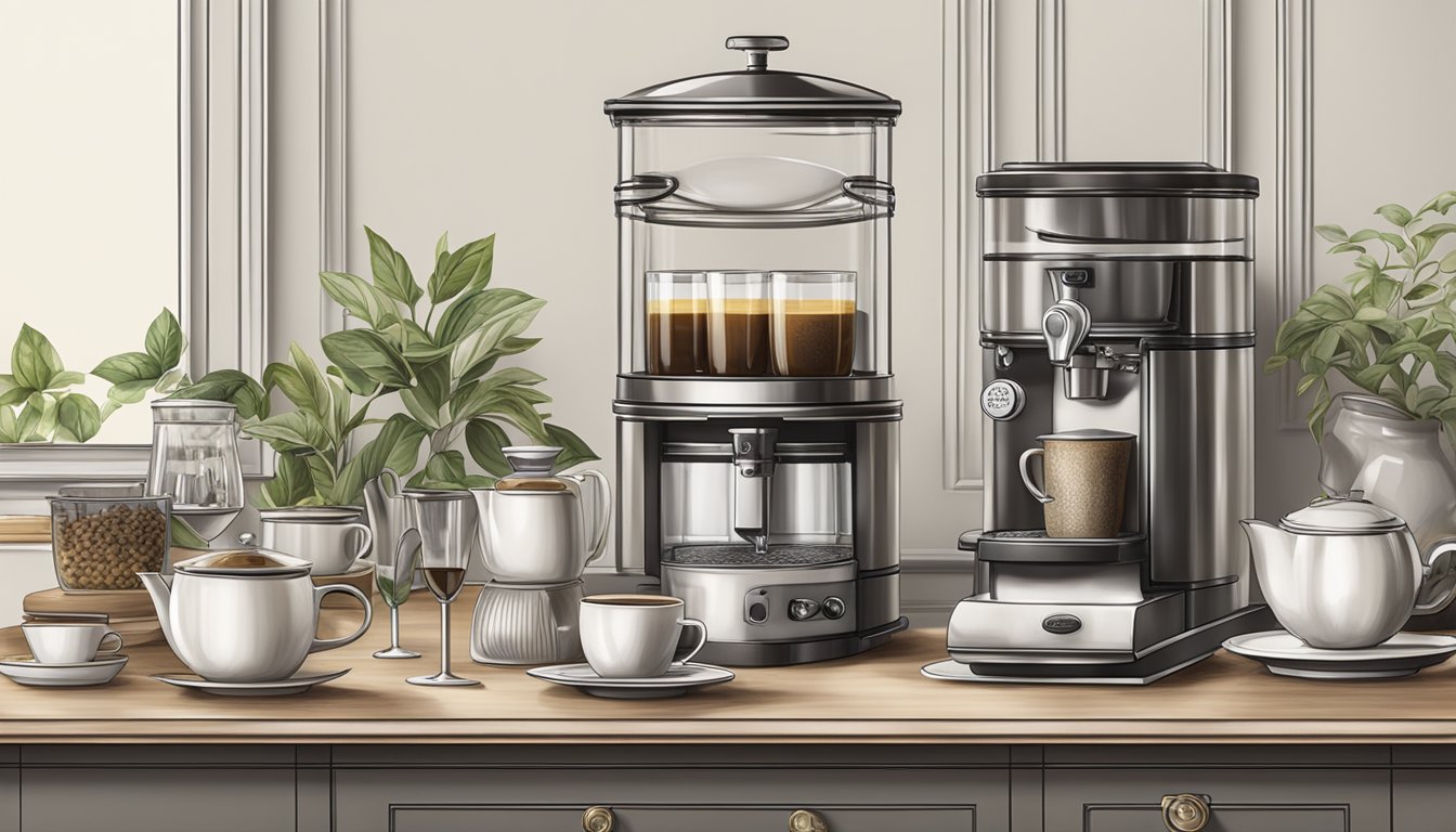 A well-organized coffee and tea station with elegant serving ware and decorative accents