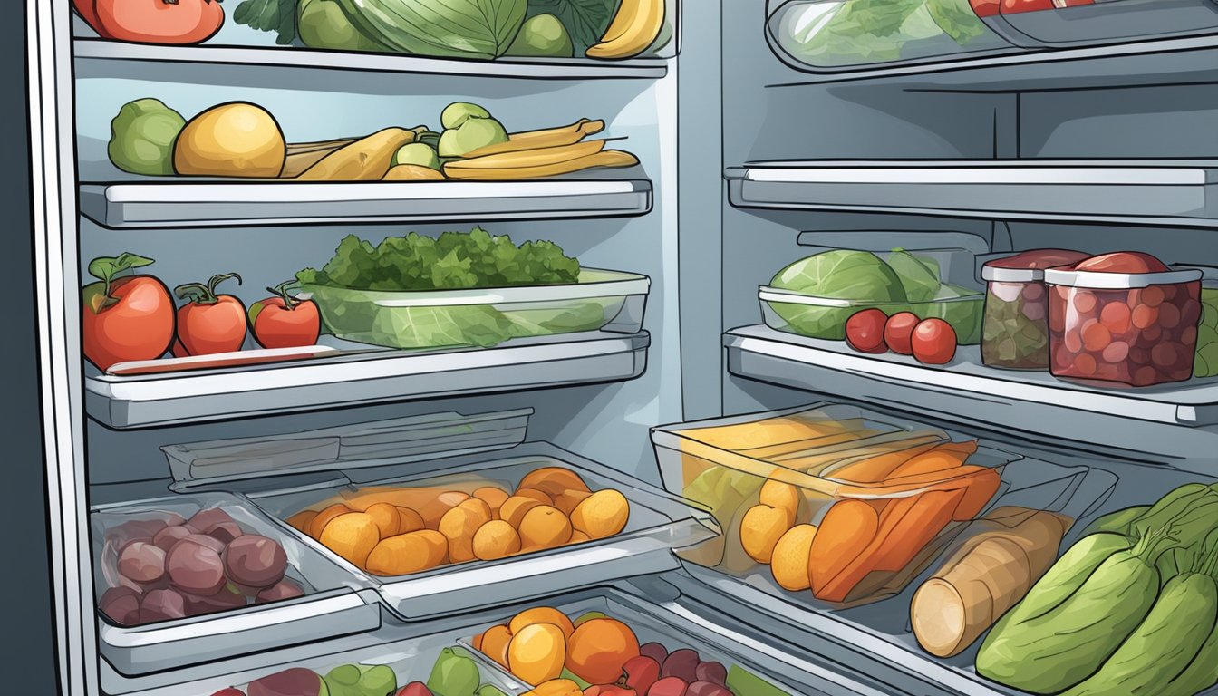 Various foods (fruits, vegetables, meats) are stored in a clean, organized fridge. Some are sealed in airtight containers, while others are wrapped in plastic or foil. A thermometer is visible to ensure proper temperature