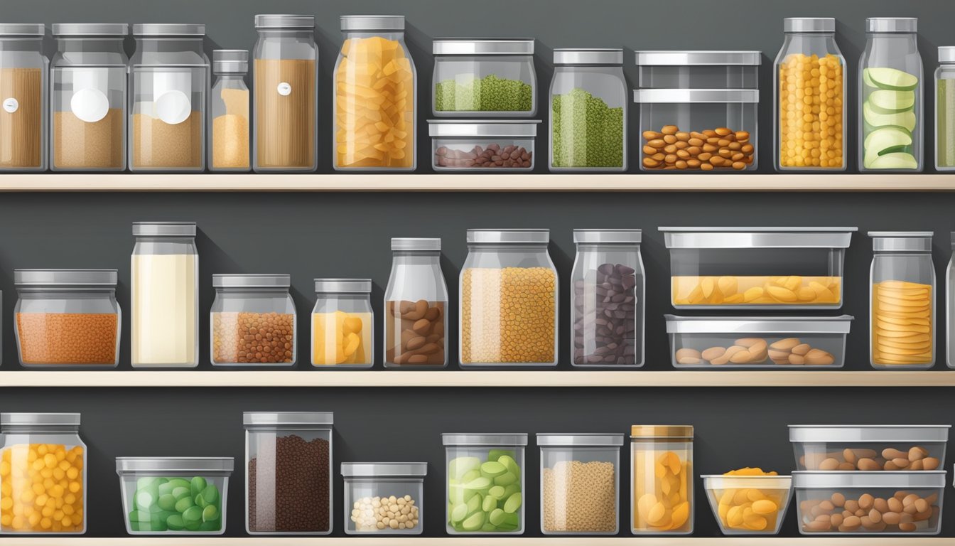 Various pantry containers and accessories neatly arranged with labeled shelves for easy organization