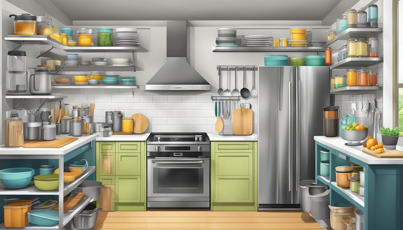 A neatly organized kitchen with labeled containers for gadgets, hanging racks for utensils, and designated shelves for appliances