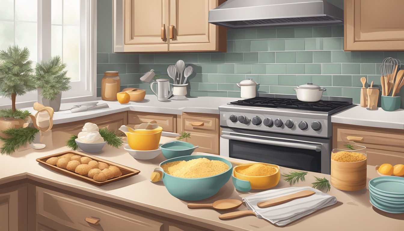 A cozy kitchen with festive decorations, neatly organized baking ingredients, tools, and utensils laid out on a clean countertop