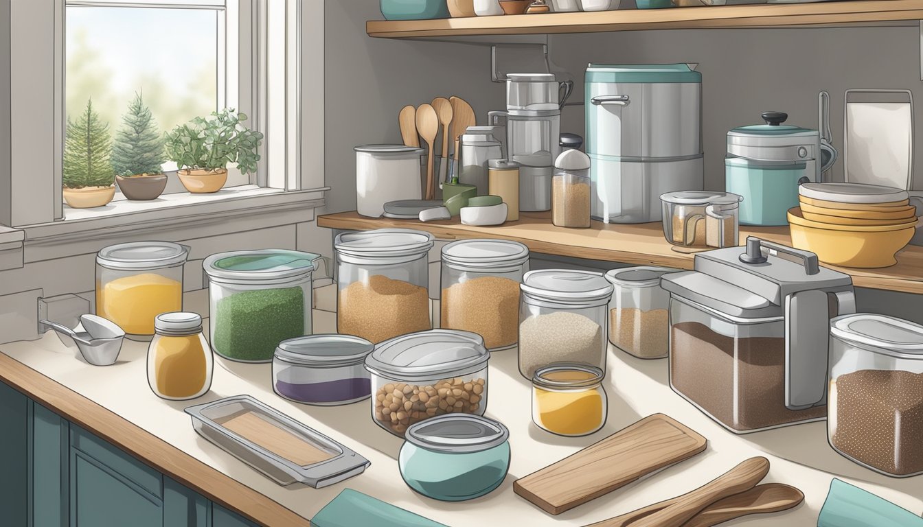 A well-organized kitchen with labeled ingredient containers, neatly arranged baking tools, and a clutter-free countertop for efficient holiday baking