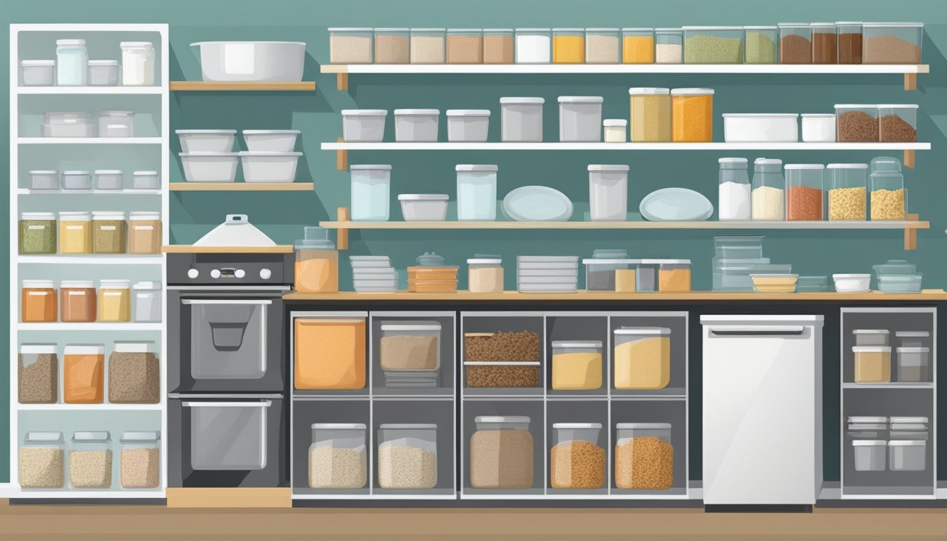 A clean, organized kitchen with labeled containers for flour, sugar, and spices. Baking sheets and cooling racks neatly stored in cabinets