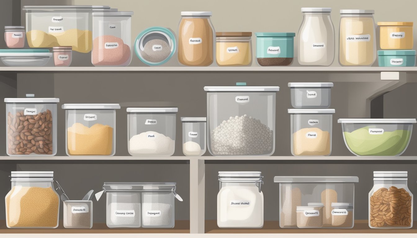 A well-organized kitchen with labeled gluten-free, nut-free, and vegan baking ingredients, separate utensils, and clear storage containers