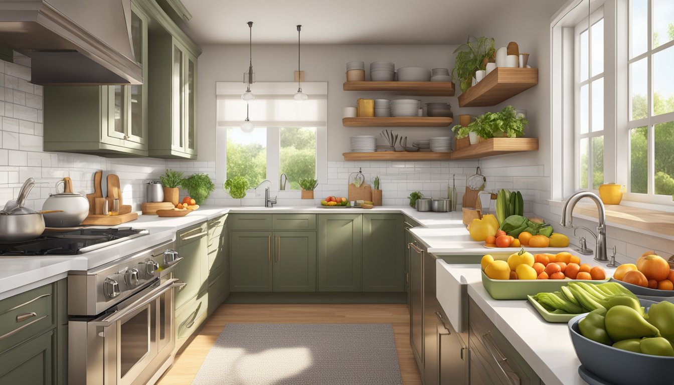 A well-organized kitchen with fresh fruits and vegetables neatly displayed in baskets, a clean and clutter-free countertop, and a brightly lit space with natural light streaming in through the windows