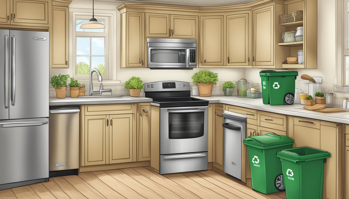 A kitchen with labeled recycling bins, reusable storage containers, and a composting system