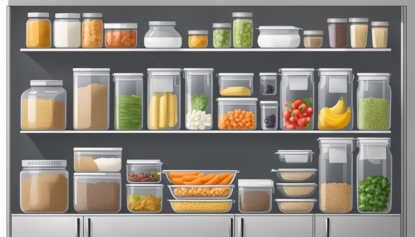 A well-organized kitchen with fresh produce, whole grains, and lean proteins neatly arranged in clear containers and labeled for easy access