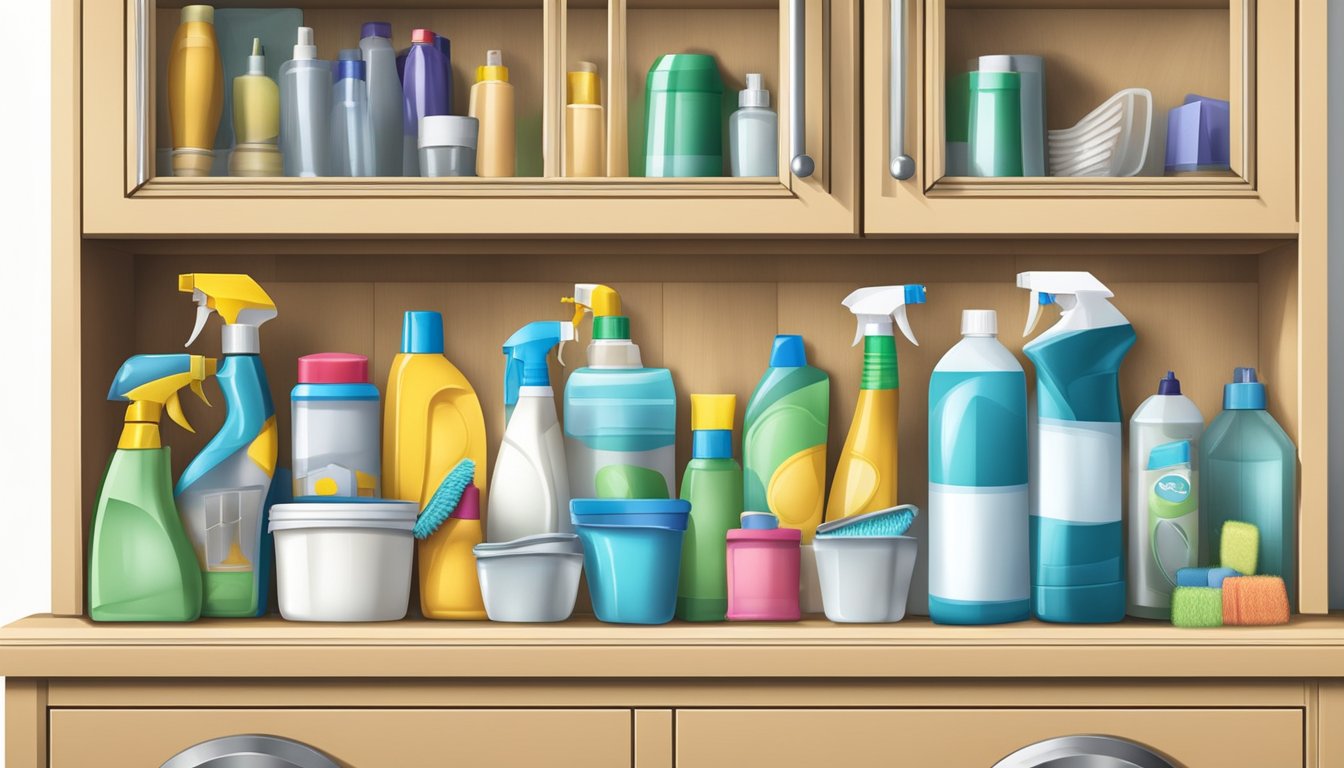 A tidy kitchen cabinet filled with neatly arranged cleaning supplies, including spray bottles, sponges, and scrub brushes