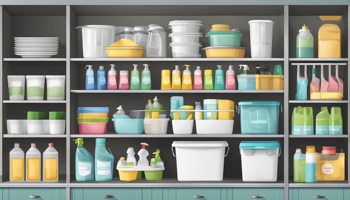 A neatly organized kitchen cabinet with labeled bins and baskets holding various cleaning supplies