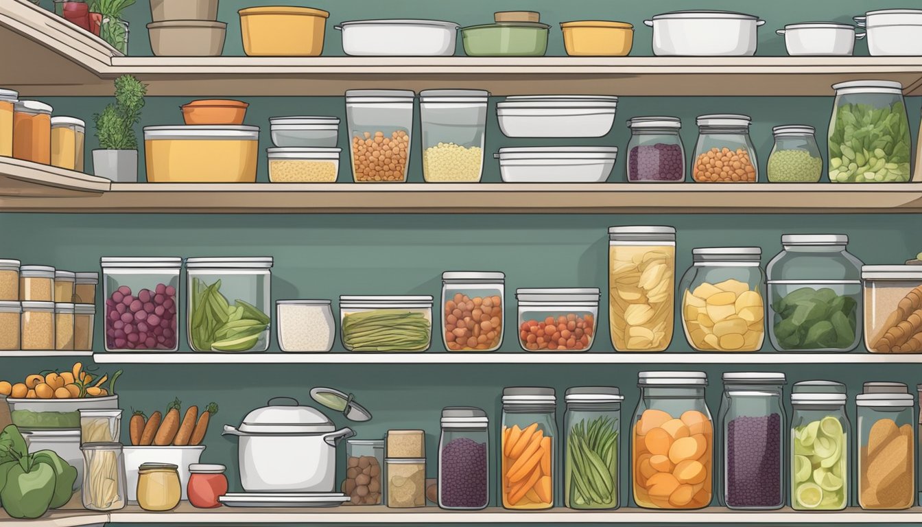 A well-organized kitchen with labeled containers, fresh produce, and a variety of pantry staples neatly arranged on shelves and in cabinets