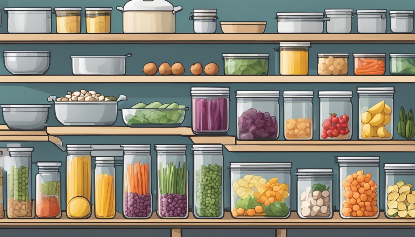 A well-organized kitchen with labeled containers, fresh ingredients, and neatly arranged cooking utensils for efficient meal prep