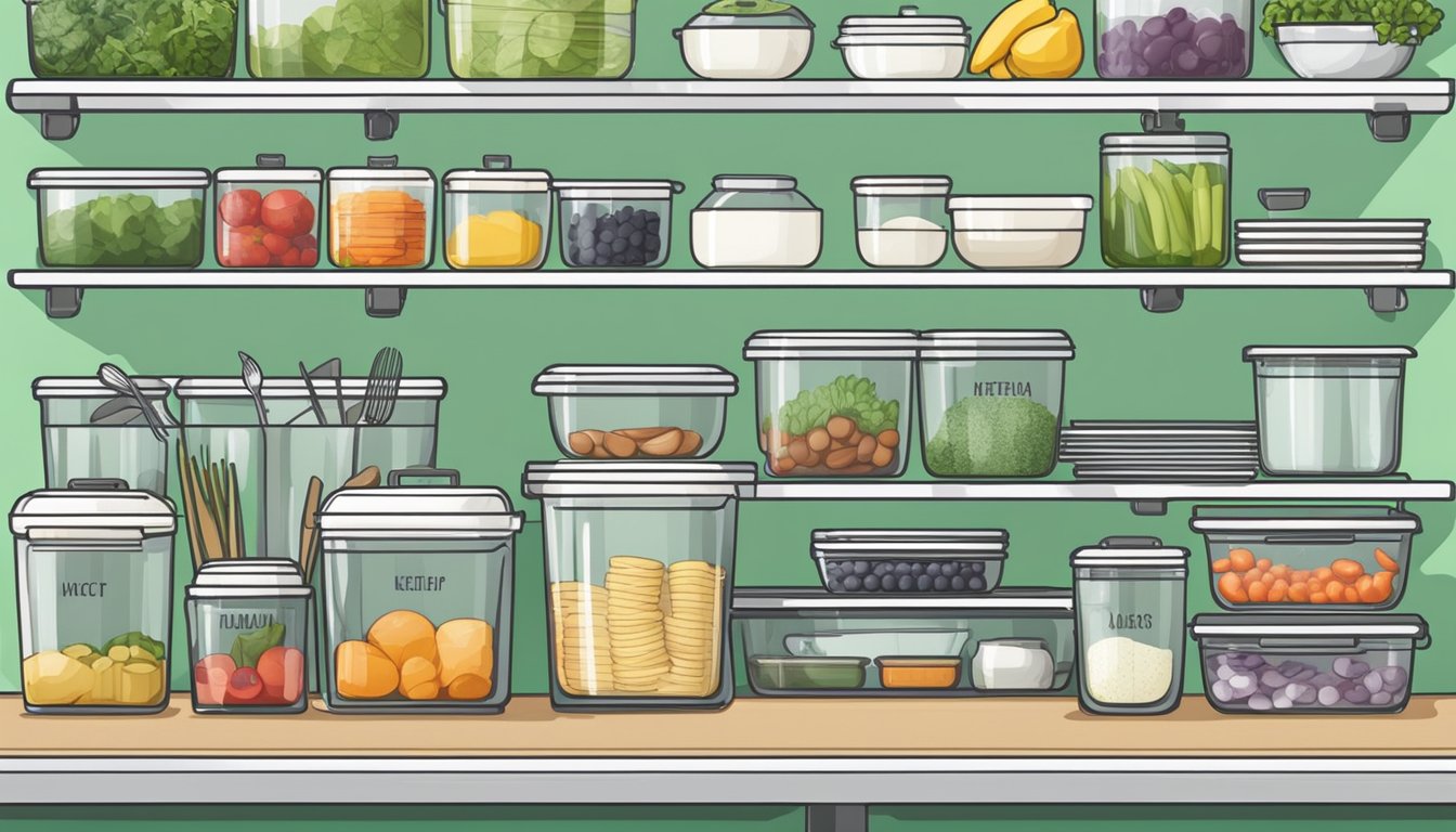 A well-organized kitchen with labeled containers, neatly arranged utensils, and a variety of fresh ingredients for meal prep