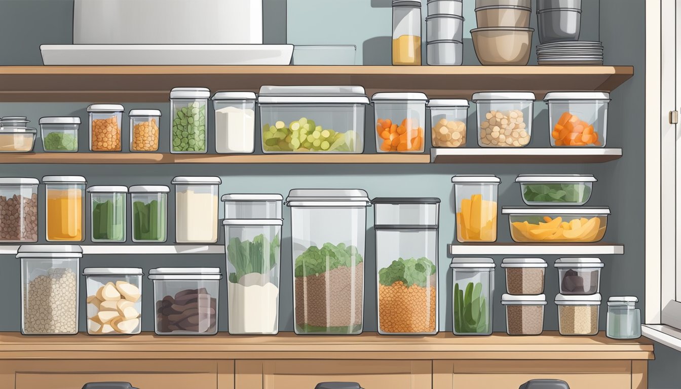 A well-organized kitchen with labeled containers, stacked meal prep containers, a variety of utensils, and a clear workspace for efficient meal prep