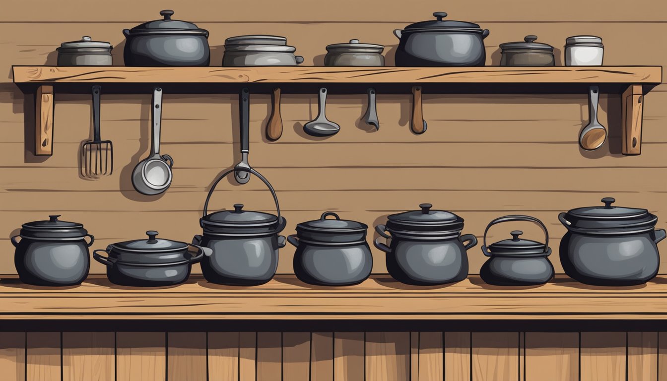 A row of cast iron skillets neatly stacked on a wooden shelf, surrounded by jars of seasoning and a cloth for wiping