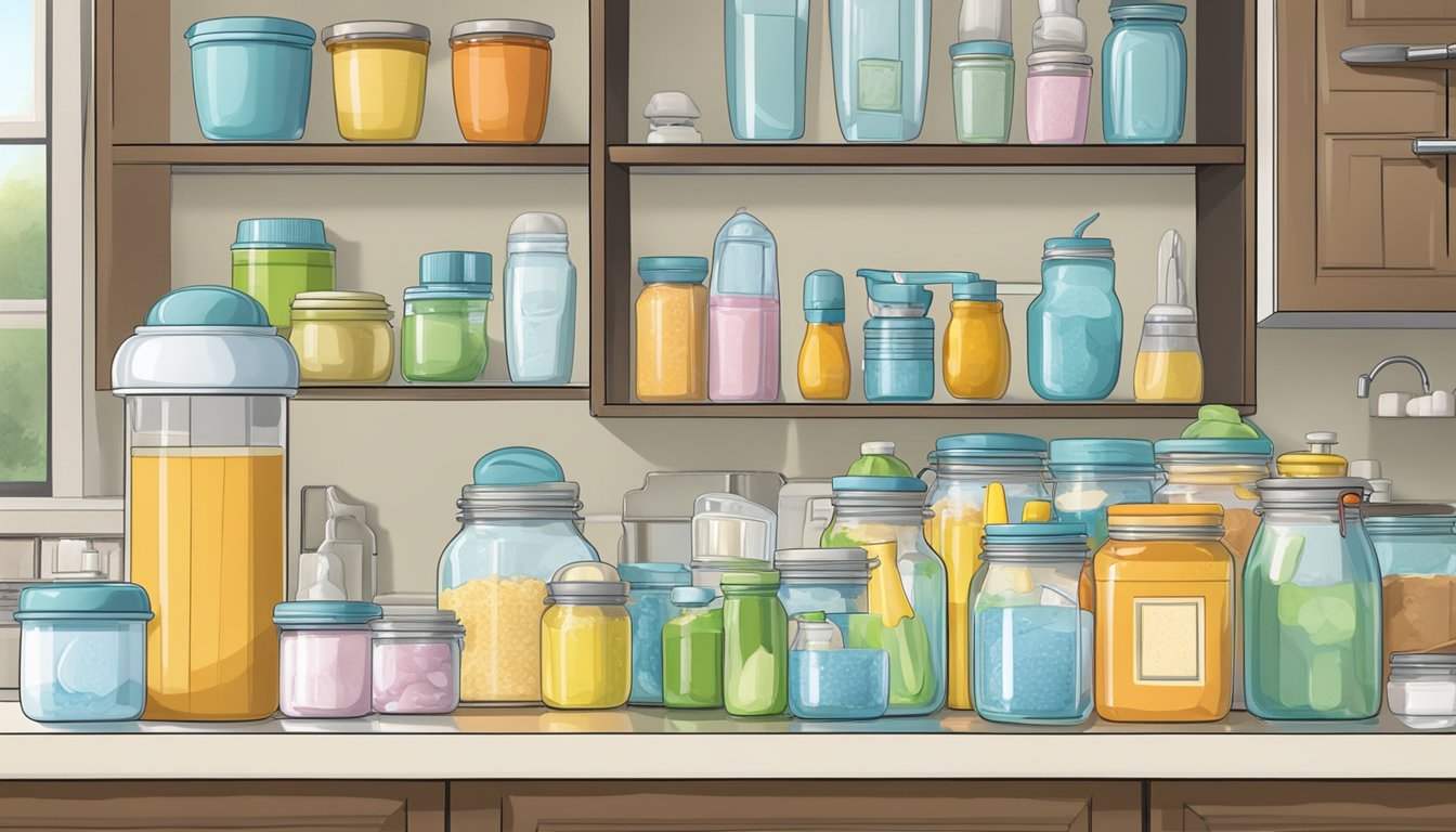 A kitchen counter with baby bottles, formula, bibs, and baby food jars organized in designated sections