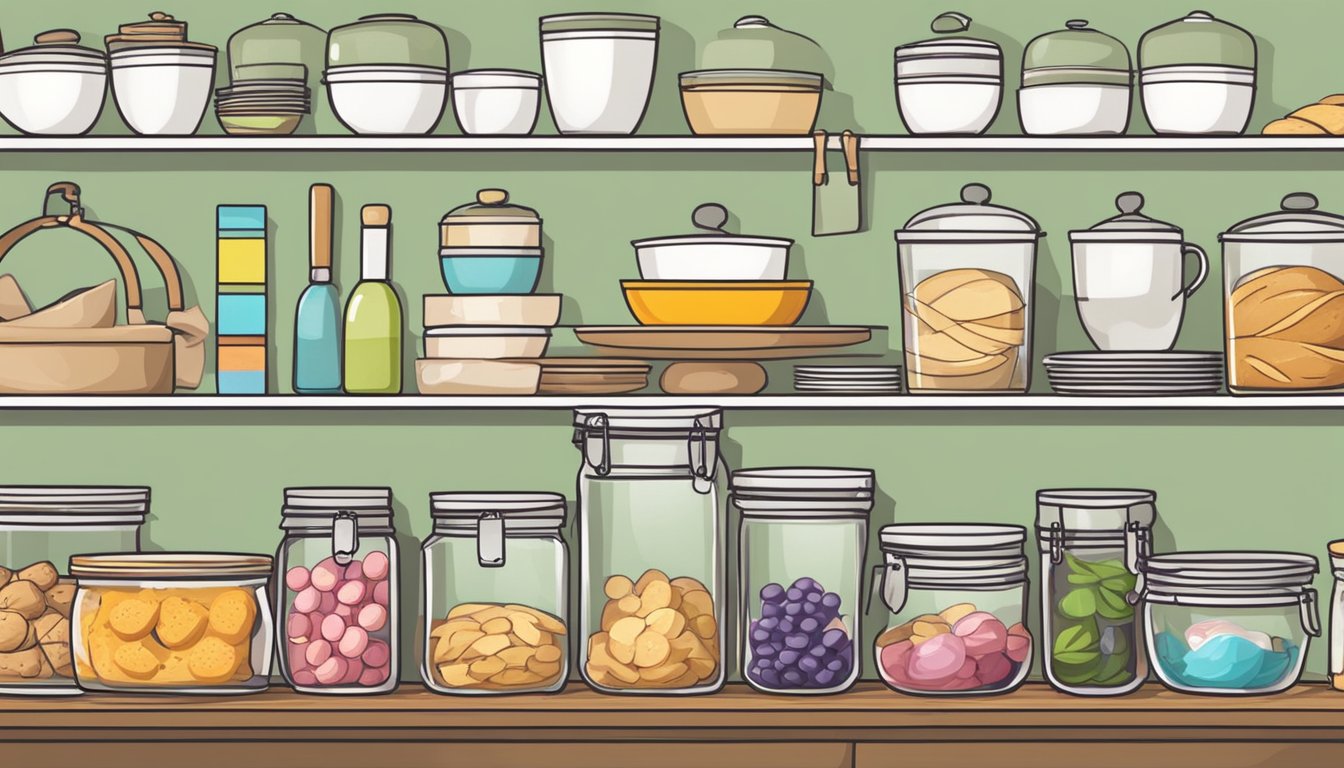 A tidy kitchen with labeled ingredients, baking supplies neatly organized, and a table with a colorful array of freshly baked goods ready for a bake sale