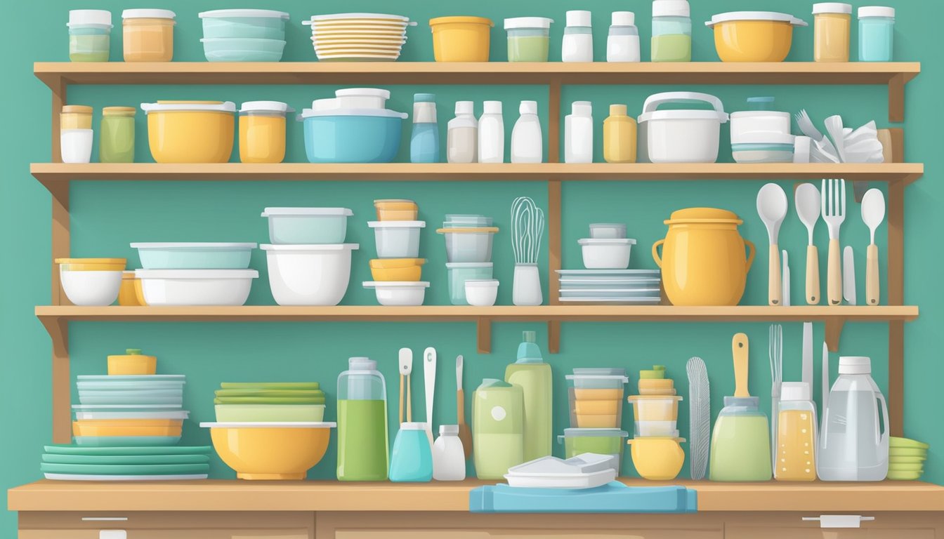 A clutter-free kitchen with labeled storage containers, baby-friendly utensils, and easy-to-reach cleaning supplies