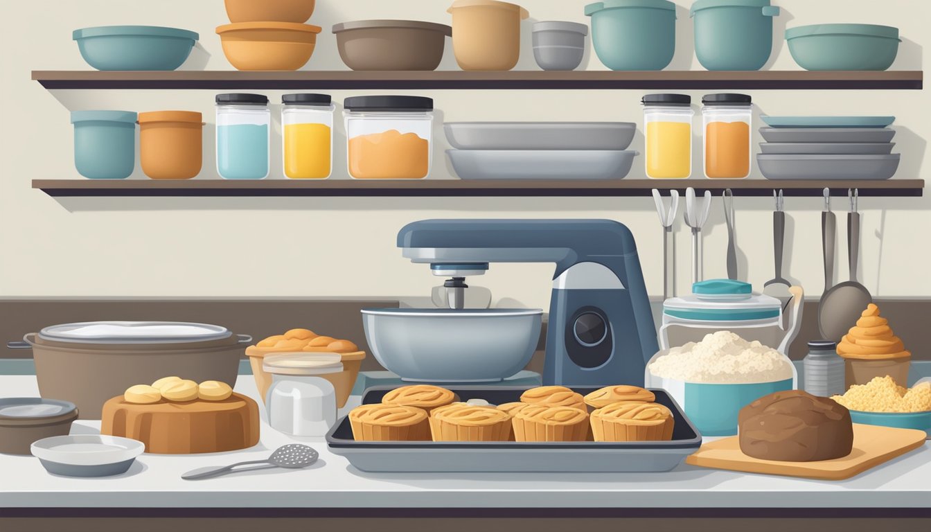 A kitchen with neatly organized baking supplies on the counter, a mixing bowl and utensils ready for use, and trays of freshly baked goods cooling on the table