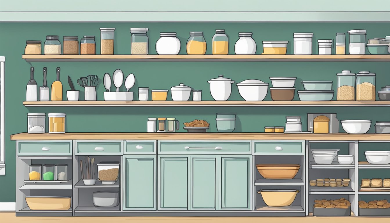 A neatly organized kitchen with shelves stocked with baking supplies, a clean countertop for preparation, and labeled containers for easy access