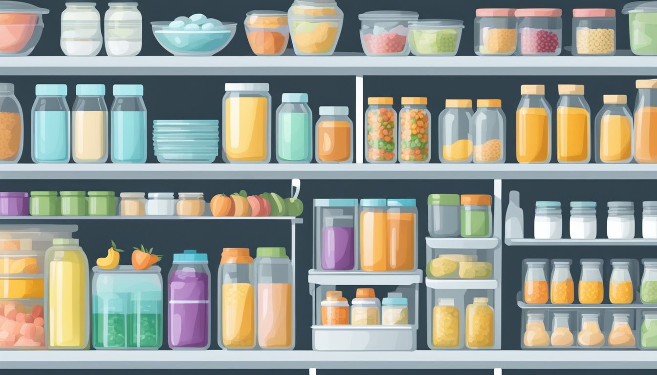 A well-stocked pantry and refrigerator with baby-friendly foods, organized baby bottles and feeding supplies, and a designated area for preparing formula or breastfeeding