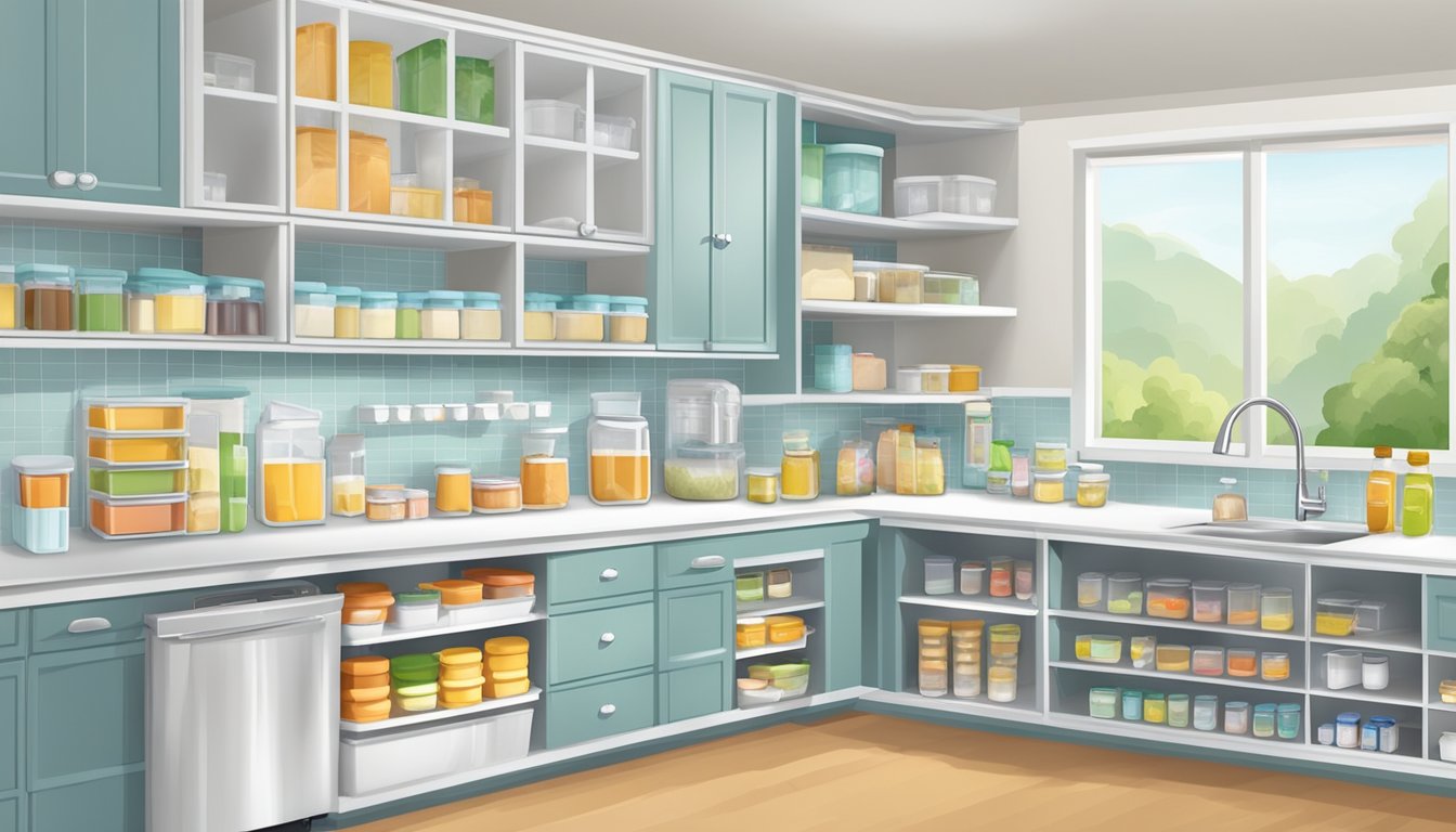 A neatly organized kitchen with labeled containers for baby food, a designated area for bottles and feeding supplies, and a clear system for storing baby utensils and accessories