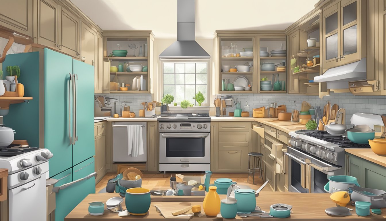 A cluttered kitchen with disorganized cabinets and overflowing drawers, pots and pans scattered on the countertops, and various kitchen gadgets strewn about