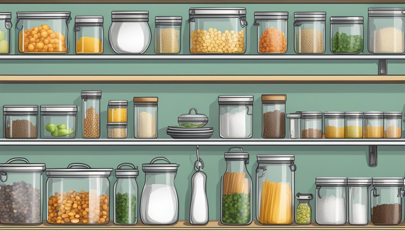 A neatly organized kitchen with labeled containers, shelves, and hooks for utensils and accessories