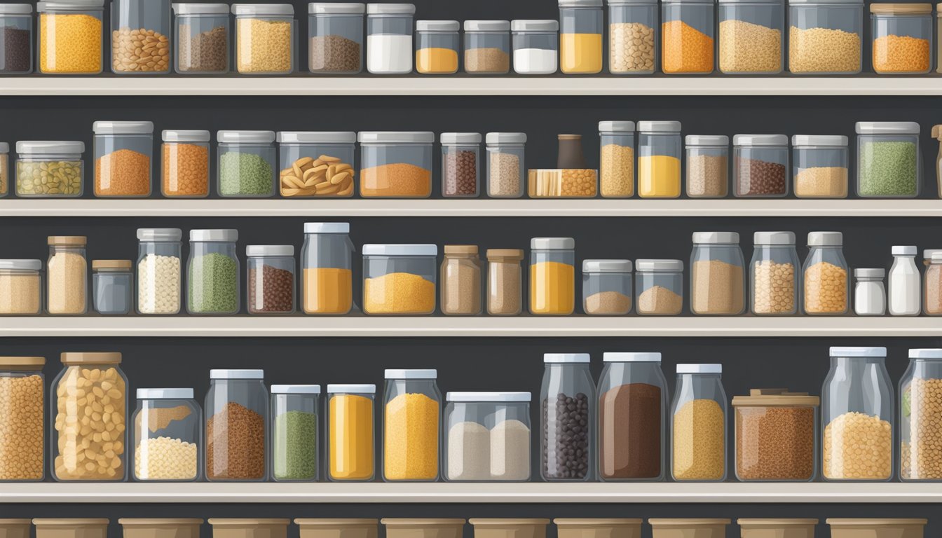 A well-organized pantry with clear, airtight containers filled with various bulk items such as grains, pasta, and dried goods neatly arranged on shelves