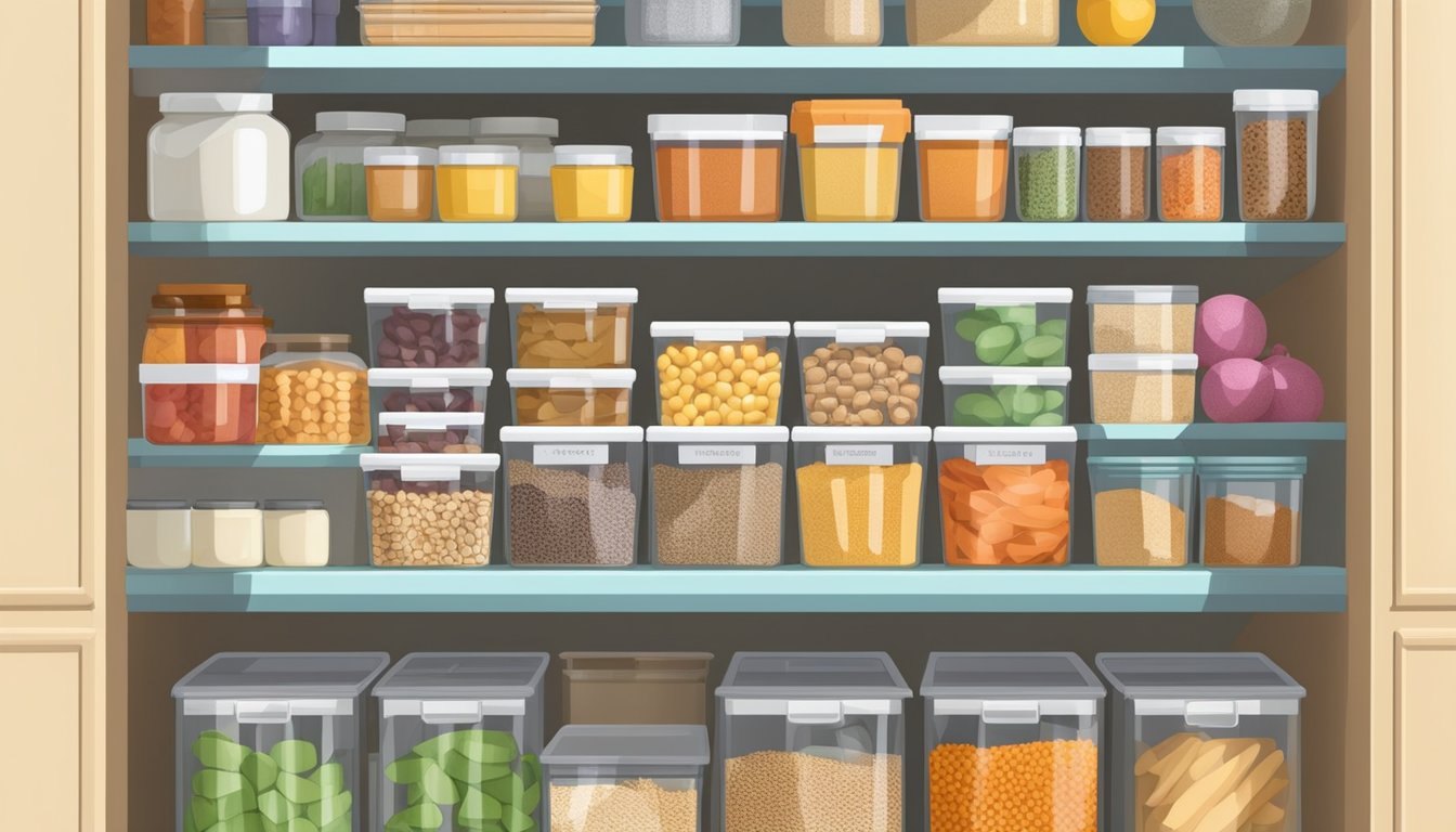 A neatly organized pantry with labeled containers and shelves filled with various bulk food items