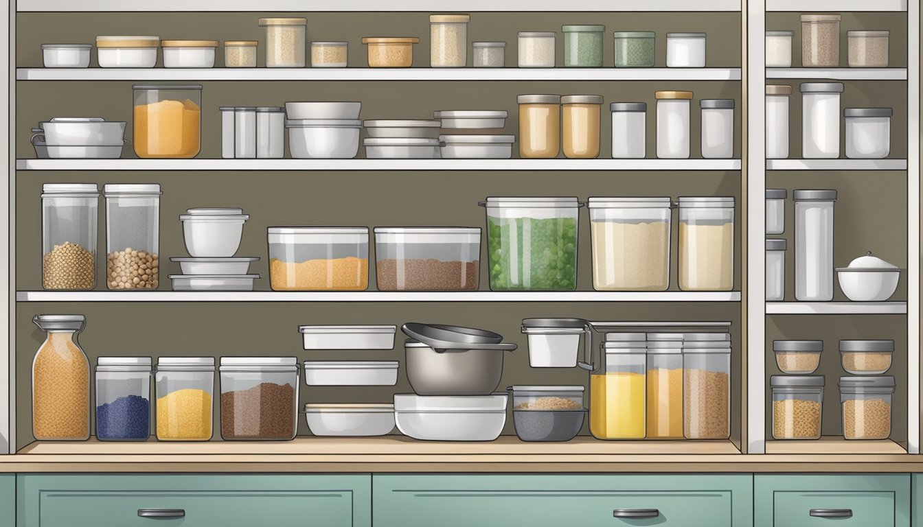 A well-organized kitchen with labeled containers for gluten-free ingredients, neatly arranged shelves, and a designated area for gluten-free cooking utensils