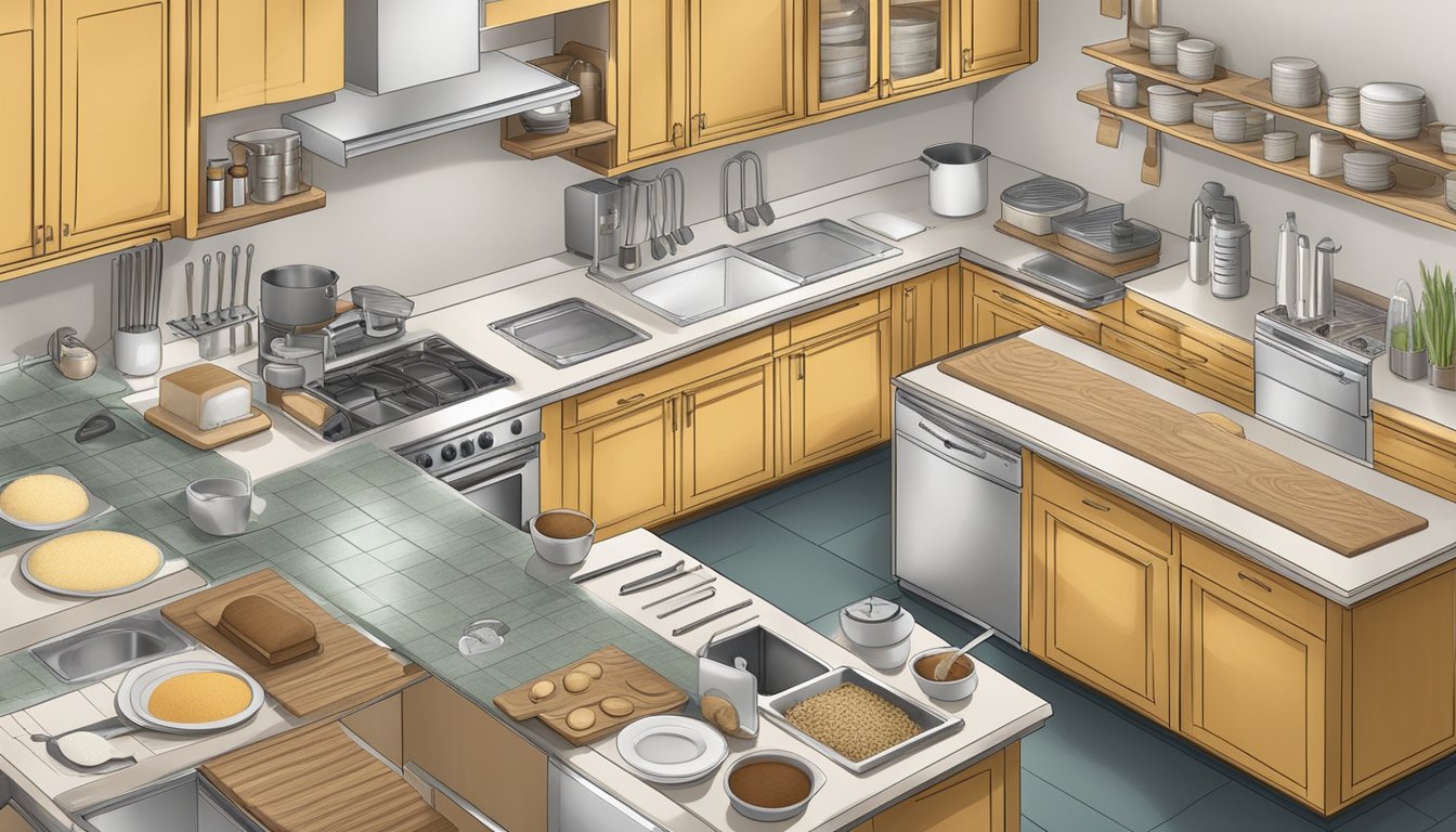 A clean, organized kitchen with labeled gluten-free ingredients, separate cooking utensils, and a designated gluten-free baking area