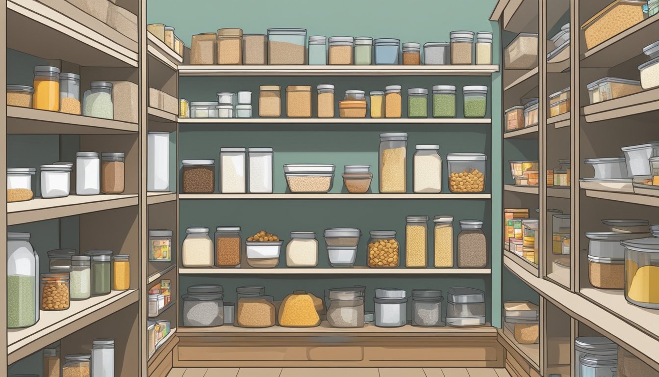 A kitchen pantry with neatly organized shelves stocked with gluten-free products such as flours, pastas, and snacks. A label or sticker indicating "gluten-free" is visible on each item