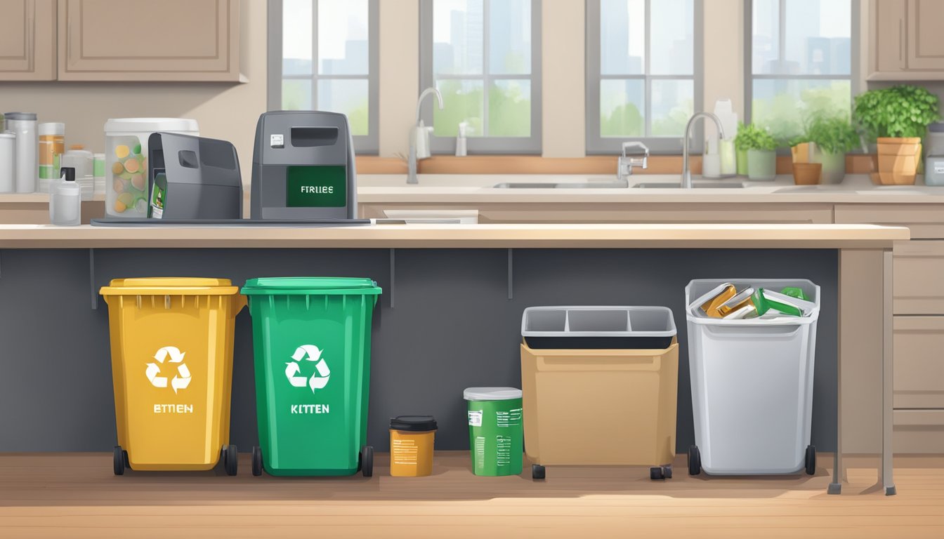 A kitchen recycling station with separate bins for paper, plastic, glass, and metal. A compost bin sits nearby, with labeled containers for batteries and electronics