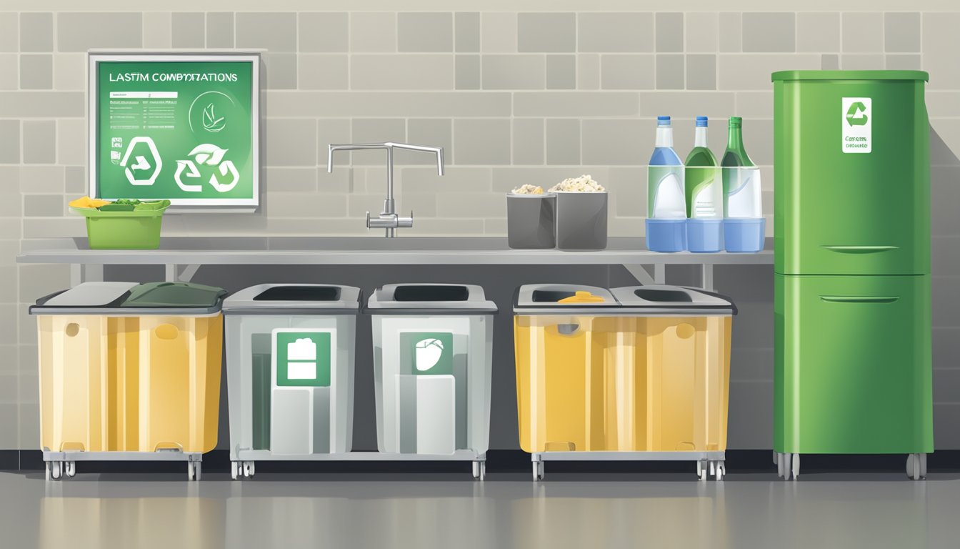 A kitchen recycling station with labeled bins for plastic, glass, and paper, along with a compost bin and a separate area for food waste