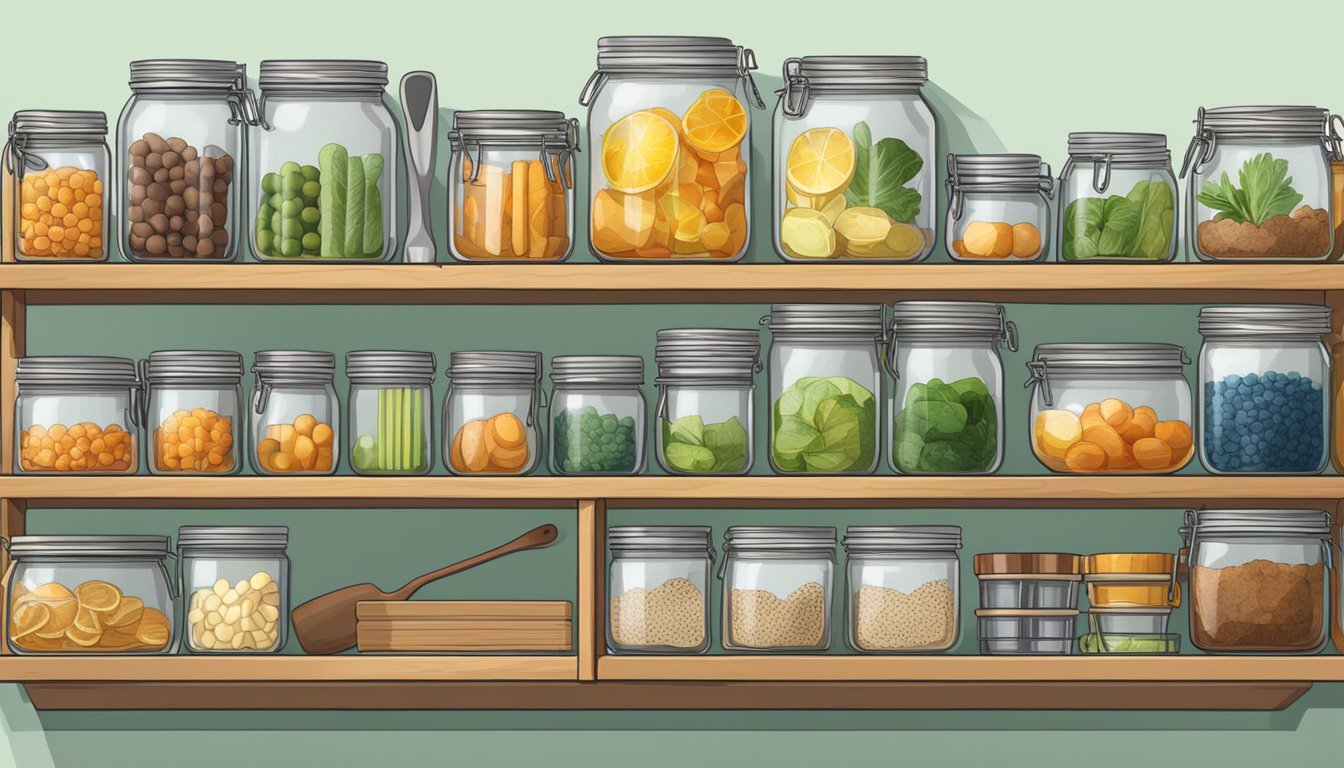 A well-organized kitchen shelf with neatly arranged canning tools and supplies