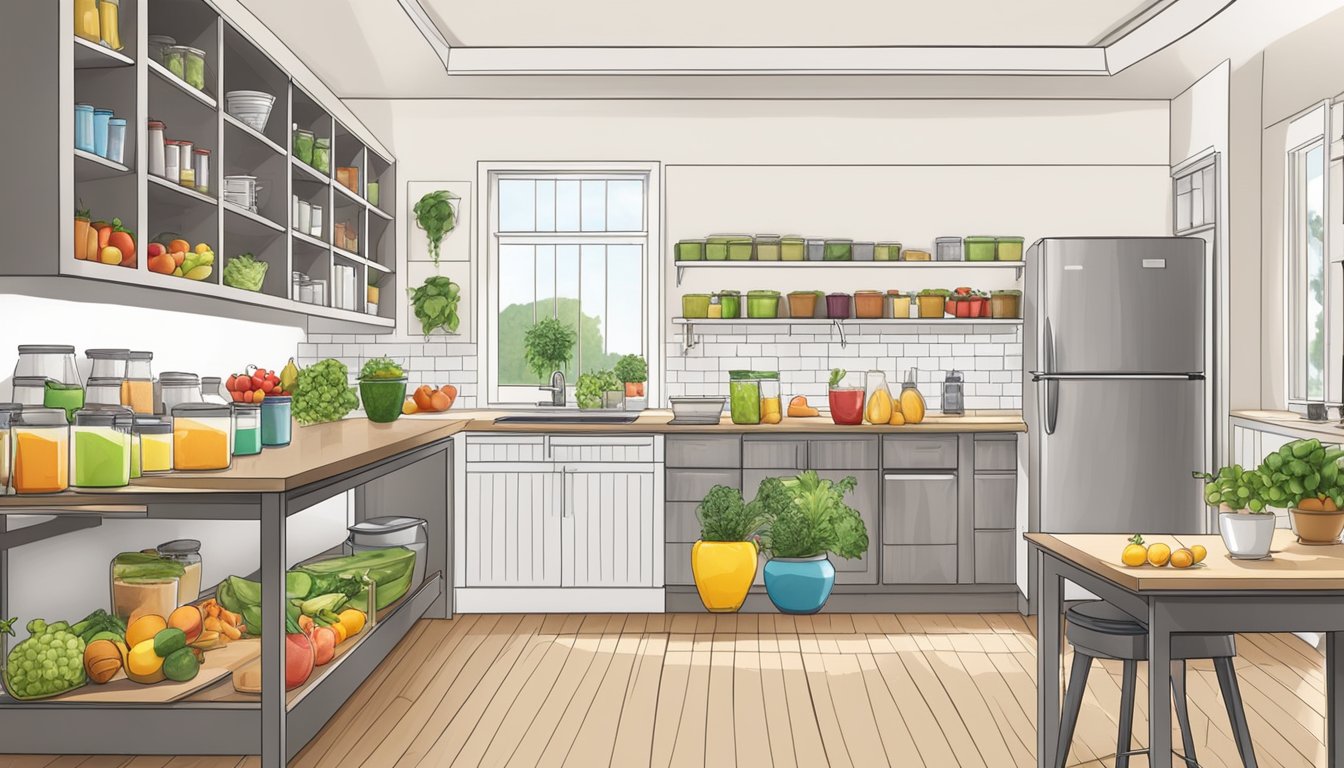 A spacious, well-organized kitchen with designated areas for blending, prepping fruits, and storing ingredients for a smoothie bar