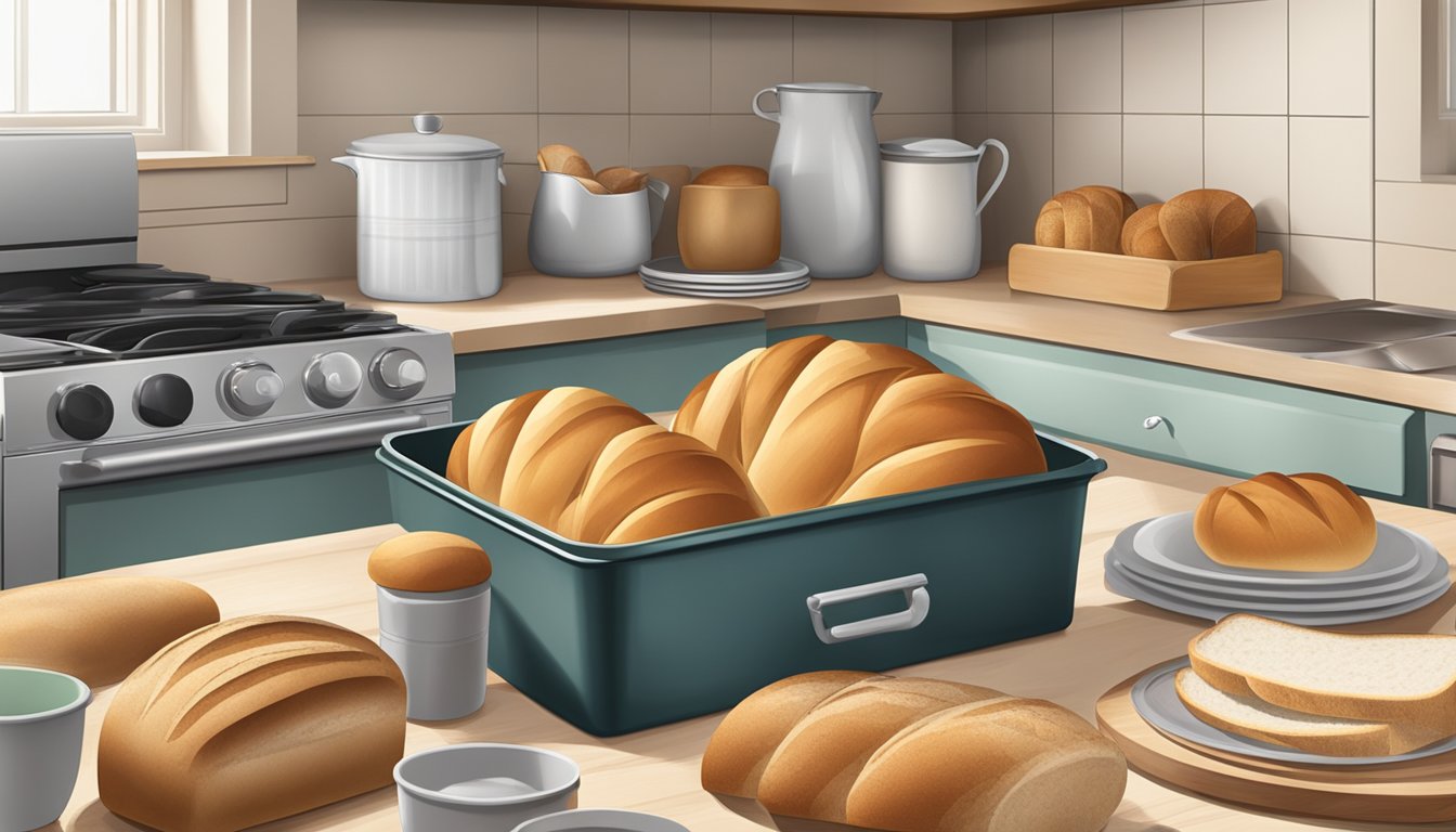 A kitchen counter with a bread box, airtight containers, and a cloth covering loaves of bread