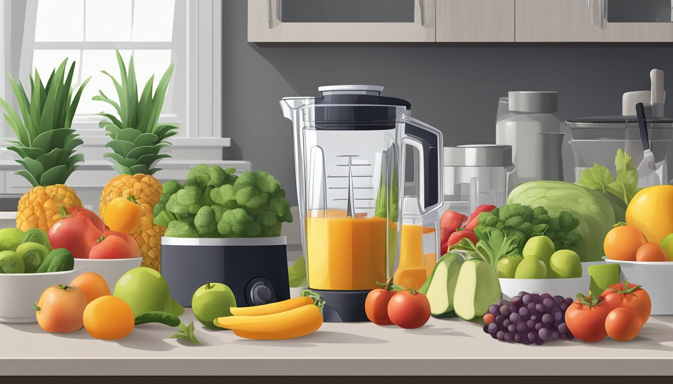 Various fruits, vegetables, and liquids are neatly arranged on a countertop, ready for blending. A blender and cutting board are nearby, surrounded by a clean and organized kitchen