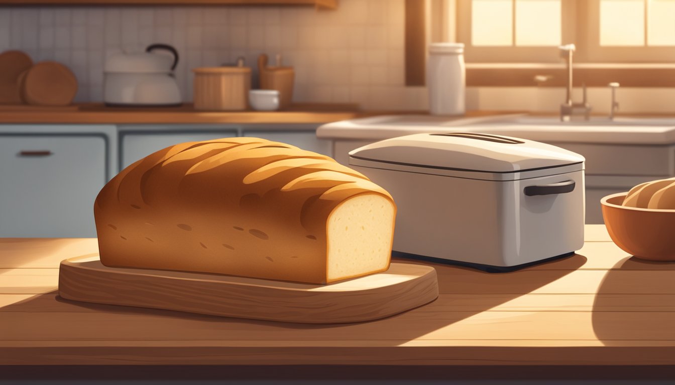 A loaf of bread sits on a wooden cutting board, next to a ceramic bread box. The warm glow of sunlight fills the cozy kitchen