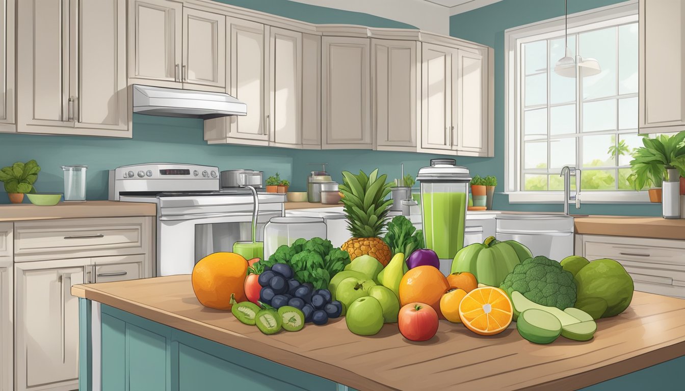 A clean, organized kitchen counter with a variety of fresh fruits, vegetables, and a blender ready for smoothie preparation