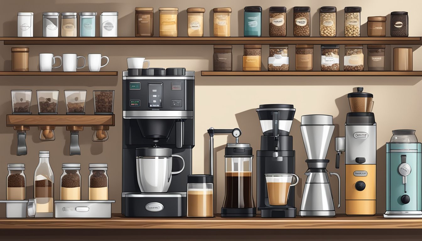 A coffee bar with organized shelves displaying essential equipment including a coffee maker, grinder, mugs, and various coffee beans and syrups