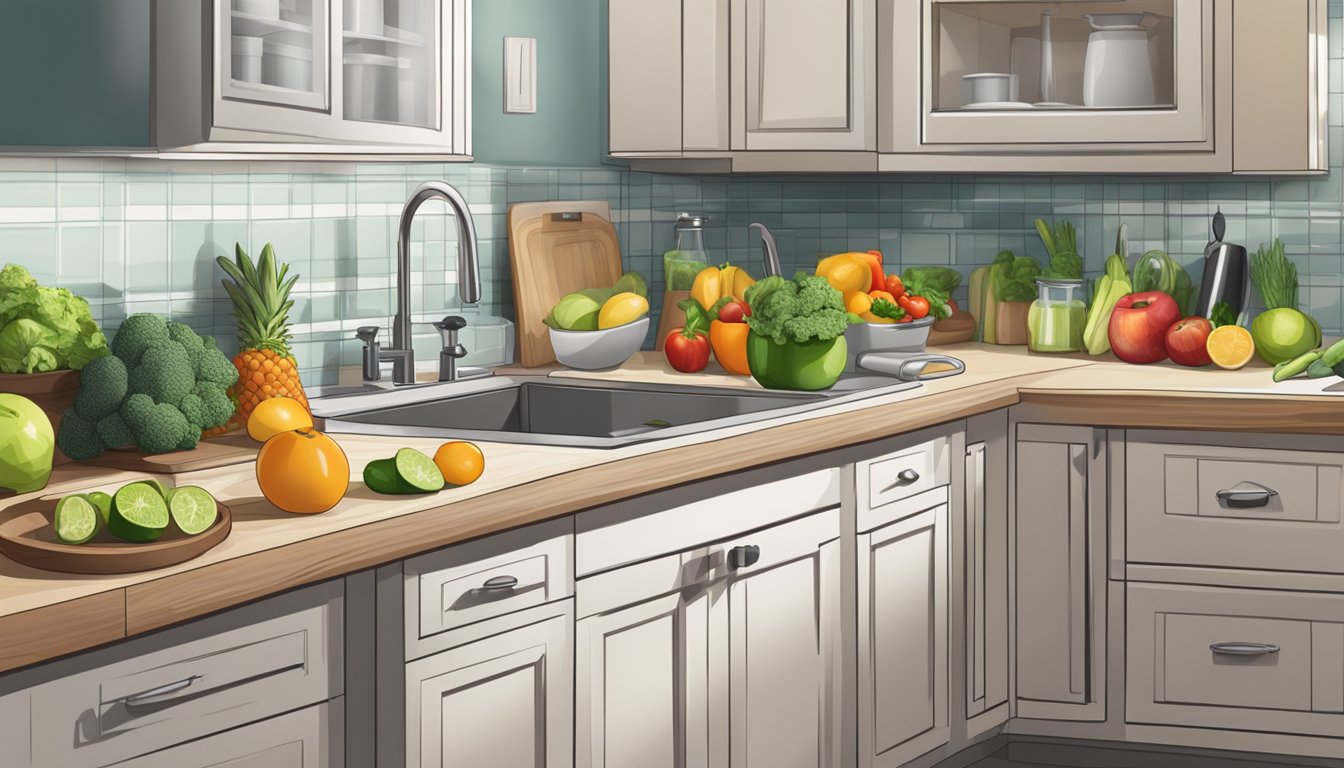 A tidy kitchen with neatly arranged fruits, vegetables, and kitchen tools. The countertops are spotless, and the blender is ready for use