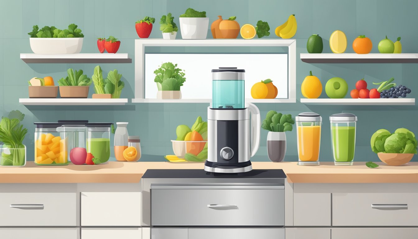 A well-organized kitchen with neatly arranged fruits, vegetables, and kitchen appliances for making smoothies. A clear and spacious countertop for preparation and a clean, clutter-free environment promoting health and wellness