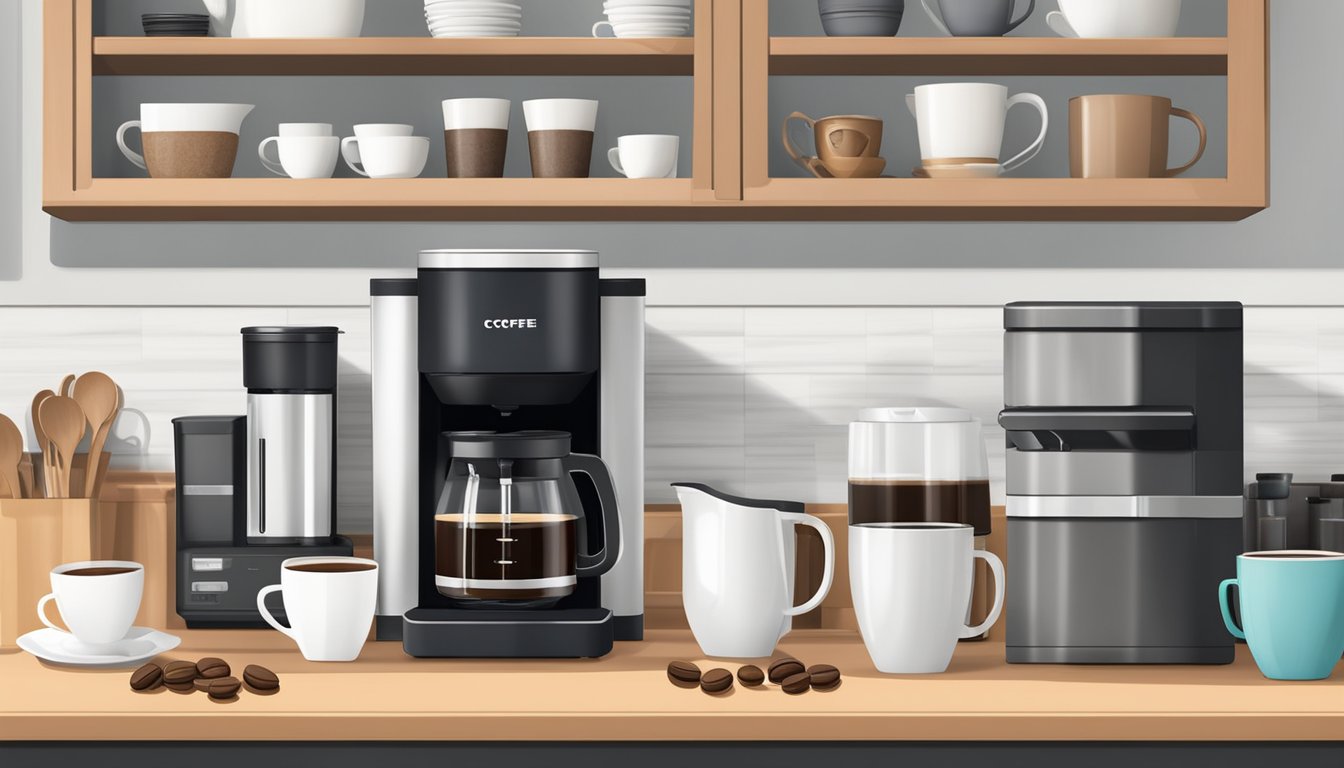 A clean and organized kitchen coffee bar with neatly arranged mugs, coffee machine, and various coffee supplies on a countertop