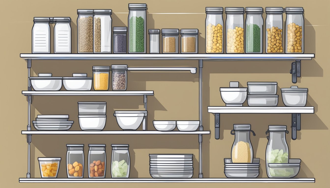 A well-organized kitchen with labeled storage containers, a weekly meal planner, and a stocked pantry